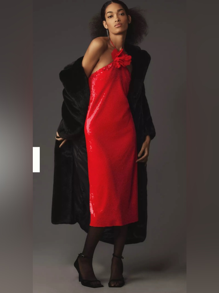 Red Sequin One-Shoulder Midi Dress With Floral Accent
